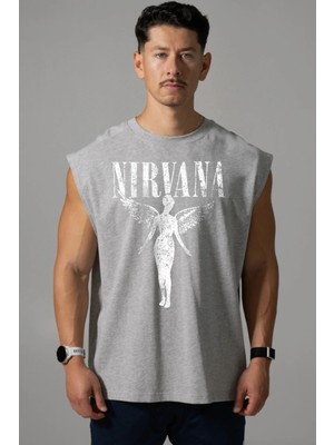 Rock&Roll Melek Nirvana Kesik Kol / Kolsuz Gri Oversize T-Shirt