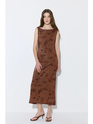 Gusto Iz Koleksiyonu Eco Print Tek Omuz Uzun Elbise - Kahverengi