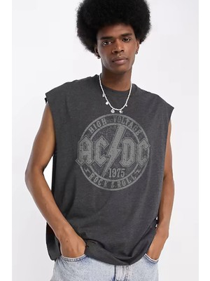 Rock&Roll Dairede Acdc Kesik Kol / Kolsuz Antrasit Oversize T-Shirt