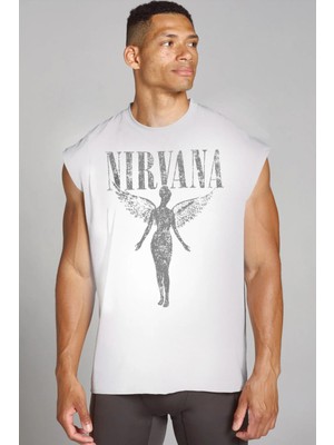Rock&Roll Melek Nirvana Kesik Kol / Kolsuz Beyaz Oversize T-Shirt