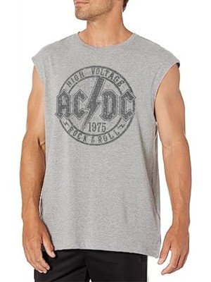 Rock&Roll Dairede Acdc Kesik Kol / Kolsuz Gri Oversize T-Shirt