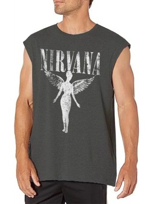 Rock&Roll Melek Nirvana Kesik Kol / Kolsuz Antrasit Oversize T-Shirt