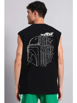 Rock&Roll Kaskada Yoda Sırt Baskılı Kesik Kol / Kolsuz Siyah Oversize T-Shirt