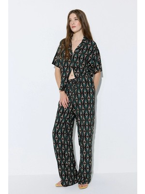 Gusto Geometrik Desenli Viskon Bol Paça Pantolon - Kahverengi