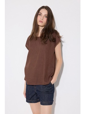 Gusto Önü Keten Tshirt - Kahverengi