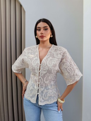 Esra Helvacı Örme Dantel Işıltılı Bluz