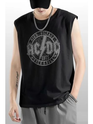 Rock&Roll Dairede Acdc Kesik Kol / Kolsuz Siyah Oversize T-Shirt