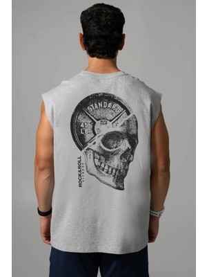 Rock&Roll Disk Kafa Arka Baskılı Kesik Kol / Kolsuz Gri Oversize T-Shirt