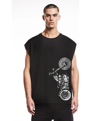 Rock&Roll Dikey Motosiklet Kesik Kol / Kolsuz Siyah Oversize T-Shirt
