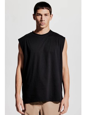 Rock&Roll Düz Kesik Kol / Kolsuz Siyah Oversize T-Shirt