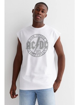 Rock&Roll Dairede Acdc Kesik Kol / Kolsuz Beyaz Oversize T-Shirt