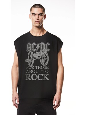 ROCKANDROLL Top Rock Acdc Kesik Kol / Kolsuz Siyah Oversize T-Shirt
