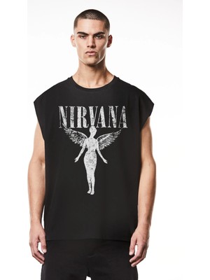Rock&Roll Melek Nirvana Kesik Kol / Kolsuz Siyah Oversize T-Shirt