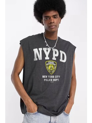 Rock&Roll Nypd Kesik Kol / Kolsuz Antrasit Oversize T-Shirt