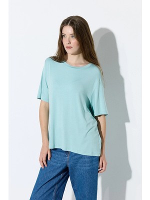 Gusto Bisiklet Yaka Rahat Kesim Bambu Tshirt - Mavi