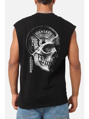 Rock&Roll Disk Kafa Arka Baskılı Kesik Kol / Kolsuz Siyah Oversize T-Shirt