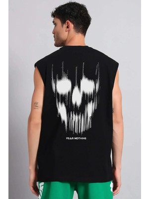 Rock&Roll Matriks Kurukafa Arka Baskılı Kesik Kol / Kolsuz Siyah Oversize T-Shirt