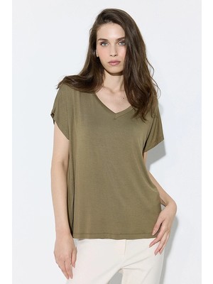 Gusto V Yaka Rahat Kesim Bambu Tshirt - Haki
