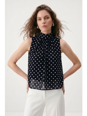 Rays Siyah Halter Yaka Puantiyeli Şifon Bluz 2932