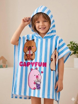 Cg Kids  Capybara Karakter Baskılı Çizgili Kapüşonlu Erkek / Kız Çocuk Panço Plaj ve Havuz Havlusu - Mavi Beyaz