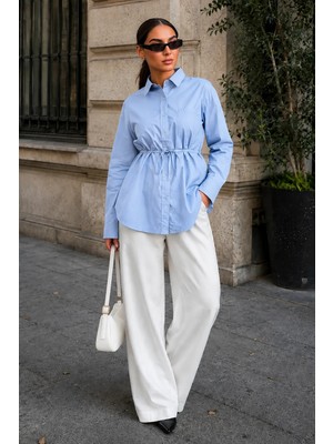 Madmext Mavi Belden Bağlamalı Oversize Cepli Gömlek MG2798