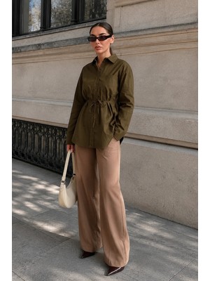 Madmext Haki Belden Bağlamalı Oversize Cepli Gömlek MG2798