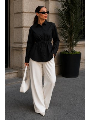 Madmext Siyah Belden Bağlamalı Oversize Cepli Gömlek MG2798