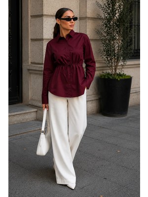 Madmext Bordo Belden Bağlamalı Oversize Cepli Gömlek MG2798