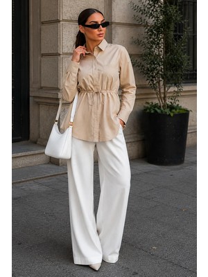 Madmext Bej Belden Bağlamalı Oversize Cepli Gömlek MG2798