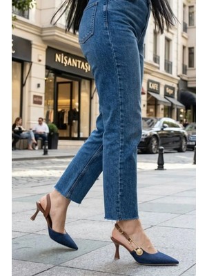 Preshley Kadın Grant Mavi Kot Düğmeli Tokalı 7 cm  Ince Topuk Ayakkabı Stiletto