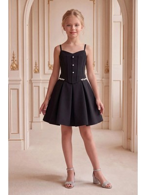 Butik Happy Kids Kız Çocuk Abiye  Siyah Krep Kumaş Taş Detaylı Korse Görünümlü Abiye Elbise 10-15 Yaş