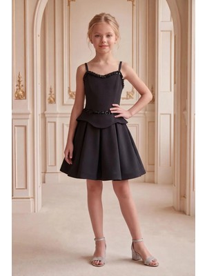 Butik Happy Kids Kız Çocuk Siyah Krep Kumaş Pul Işlemeli Askılı Kalp Yaka Abiye Elbise  Elbise  10-15 Yaş