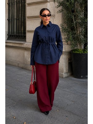 Madmext Lacivert  Belden Bağlamalı Oversize Cepli Gömlek MG2798