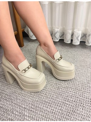 Asmi Shoes Kadın Mila Bej Kare Toka Loafer Model 12 cm Platform Topuklu Ayakkabı