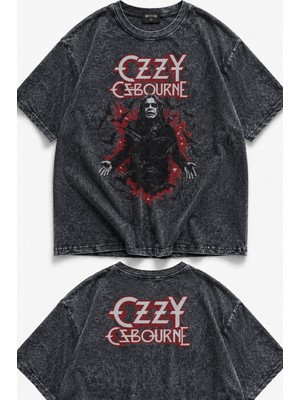Fuddy Moda Unisex Ozzy Osbourne Ense Baskılı Yıkamalı Tişört, Oversize Rock Band Temalı Retro Tshirt