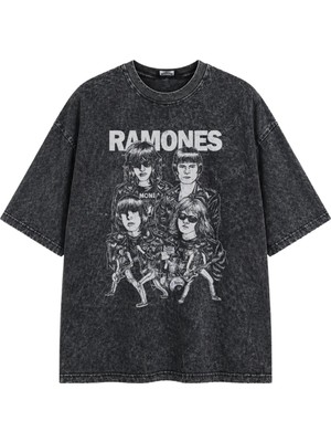 Fuddy Moda Unisex Ramones Members Cartoon Style Baskılı Yıkamalı Tişört, Oversize Rock Band Temalı Tshirt