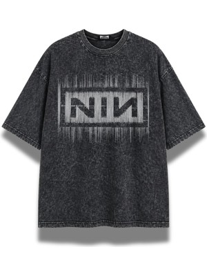 Fuddy Moda Unisex Nine Inch Nails Nın Baskılı Yıkamalı Tişört, Oversize Rock Band Temalı Vintage Tshirt