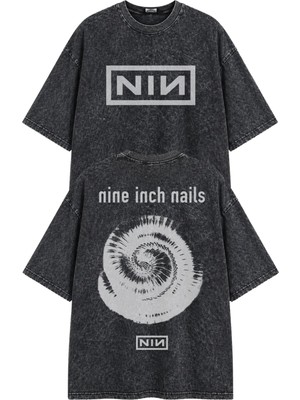 Fuddy Moda Unisex Nın Nine Inch Nails Sırt Baskılı Yıkamalı Tişört, Oversize Rock Band Temalı Vintage Tshirt