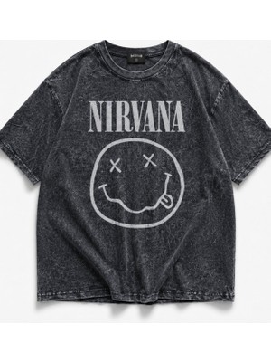 Fuddy Moda Unisex Nirvana Logo Baskılı Yıkamalı Tişört, Oversize Rock Band Temalı Retro Tshirt