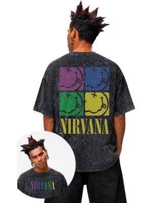 Fuddy Moda Unisex Renkli Nirvana Sırt Baskılı Yıkamalı Tişört, Oversize Rock Band Temalı Vintage Tshirt
