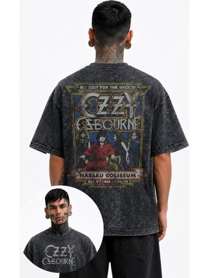 Fuddy Moda Unisex Oversize Ozzy Osbourne Nassau Coliseum Sırt Baskılı Yıkamalı Rock Band Tişört