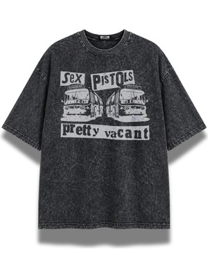 Fuddy Moda Unisex Oversize Sex Pistols Pretty Vacant Baskılı Yıkamalı Rock Band Tişört