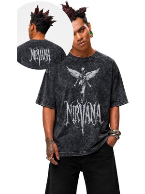 Fuddy Moda Unisex Nirvana Angel Ense Baskılı Yıkamalı Tişört, Oversize Rock Band Temalı Retro Tshirt