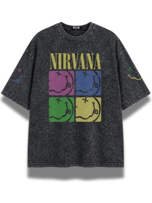 Fuddy Moda Unisex Nirvana Kol Baskılı Yıkamalı Tişört, Oversize Rock Band Temalı Retro Tshirt