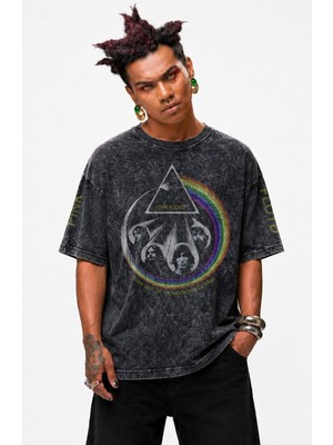 Fuddy Moda Unisex Pink Floyd Kol Baskılı Yıkamalı Tişört, Oversize Rock Band Temalı Retro Tshirt