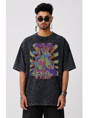 Fuddy Moda Unisex Pink Floyd Animals 1977 Baskılı Yıkamalı Tişört, Oversize Rock Band Temalı Retro Tshirt