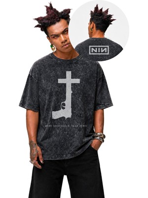 Fuddy Moda Unisex Nine Inch Nails Layer Zero Ense Baskılı Yıkamalı Tişört,oversize Rock Band Nın Temalı Tshirt