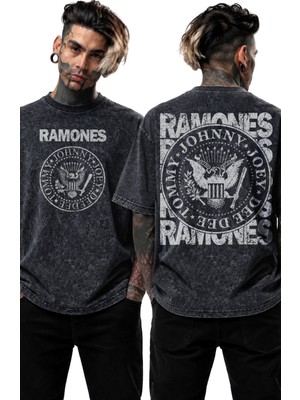 Fuddy Moda Unisex Ramones Sırt Baskılı Yıkamalı Tişört, Oversize Rock Band Temalı Retro Tshirt