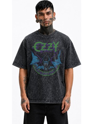Fuddy Moda Unisex Ozzy Osbourne Bat Baskılı Yıkamalı Tişört, Oversize Rock Band Temalı Retro Tshirt