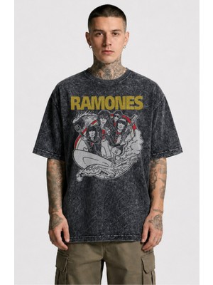 Fuddy Moda Unisex Ramones Members Baskılı Yıkamalı Tişört, Oversize Rock Band Temalı Vintage Tshirt